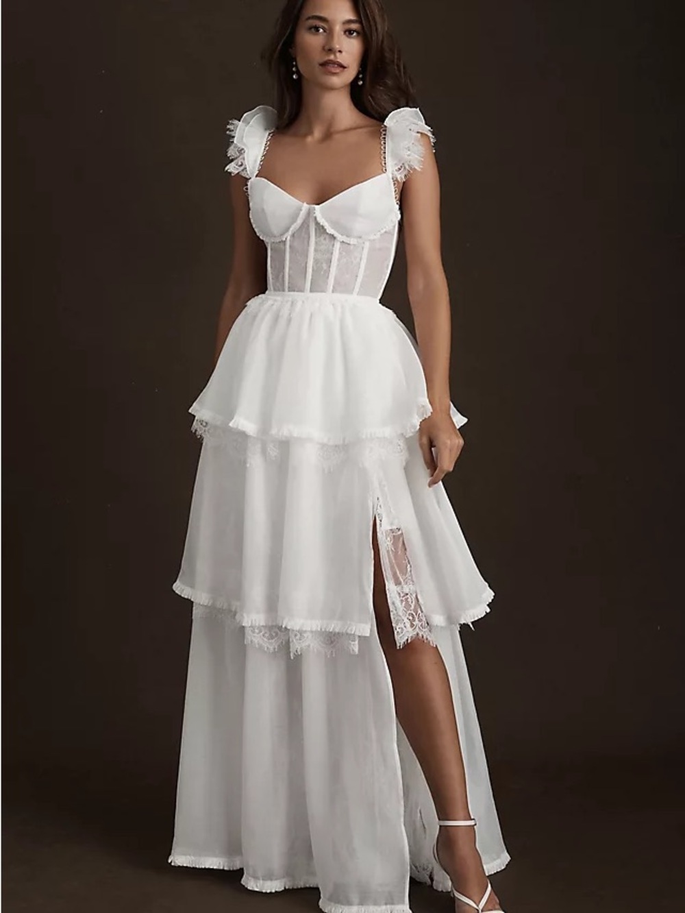 V. Chapman White Tiered Corset Maxi Dress with Lace Accents